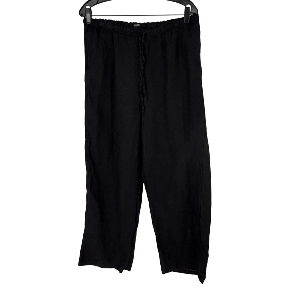 J.Crew Soleil Pants Womens LT Black Excellent 100% Linen Wide Leg Drawstring